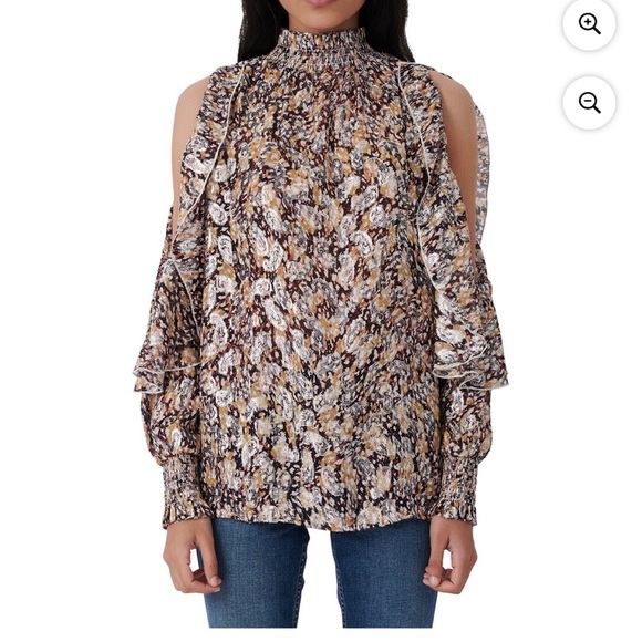 Maje abstract paisley metallic sheen print top cold shoulder long sleeve size L - Picture 1 of 8